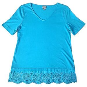 Chico's Turquoise V-Neck Top with Lace Detail XL